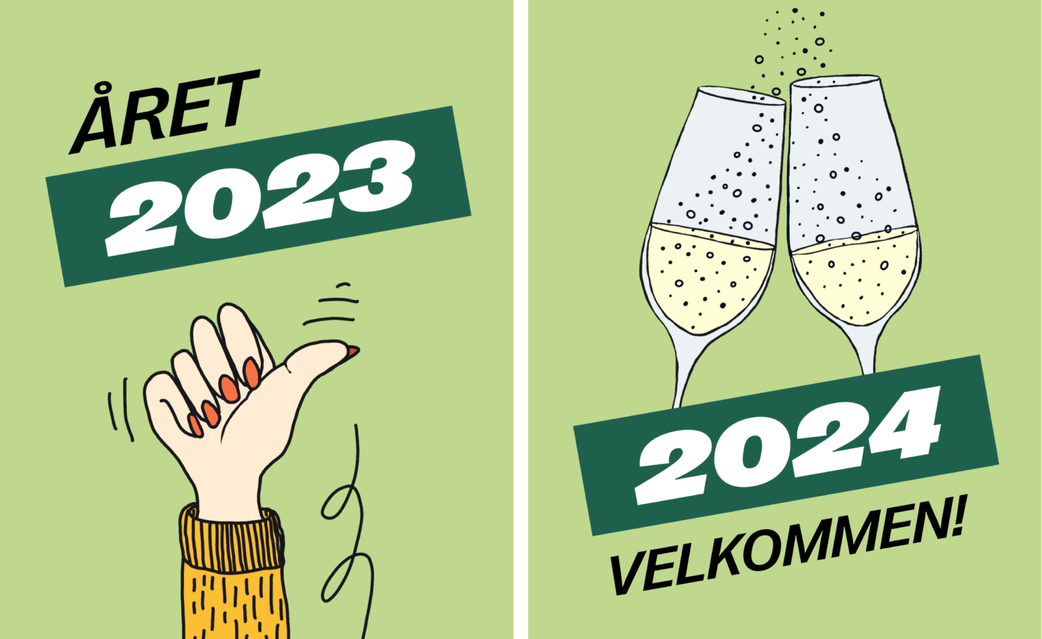 Illustrasjon av en tommel opp for året 2023 og to champisglass som skåler med teksten velkommen 2024.